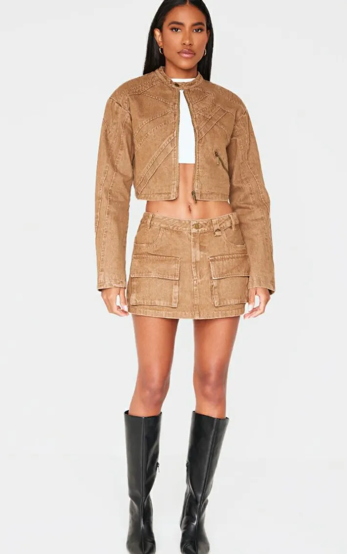 Brown Seam Detail Shoulder Padded Racer Cropped Denim Jacket