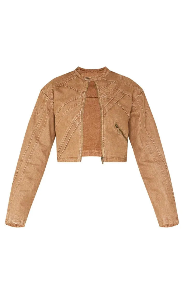 Brown Seam Detail Shoulder Padded Racer Cropped Denim Jacket