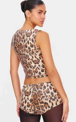 Outlet PrettyLittleThing Sequin Leopard Print Boat Neck Long Line Top Brown