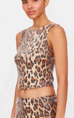 Outlet PrettyLittleThing Sequin Leopard Print Boat Neck Long Line Top Brown