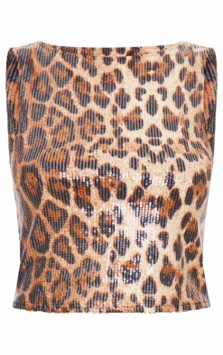 Outlet PrettyLittleThing Sequin Leopard Print Boat Neck Long Line Top Brown