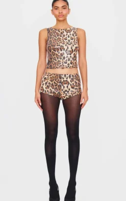 Discount PrettyLittleThing Sequin Leopard Print Hot Pant Brown