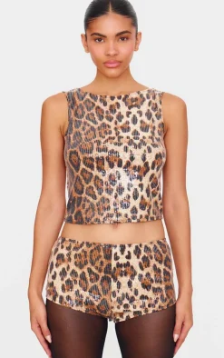 Discount PrettyLittleThing Sequin Leopard Print Hot Pant Brown