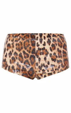 Discount PrettyLittleThing Sequin Leopard Print Hot Pant Brown