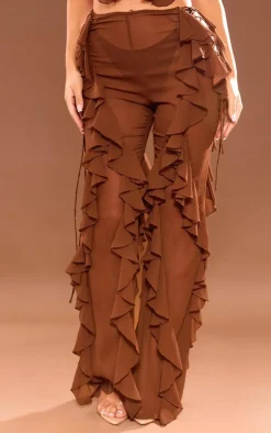 Outlet PrettyLittleThing Sheer Chiffon Tiered Ruffle Flared Pants Brown