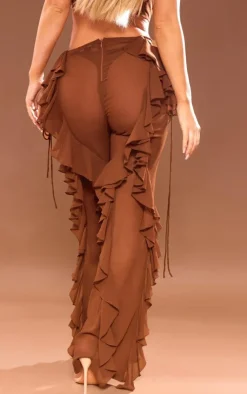 Outlet PrettyLittleThing Sheer Chiffon Tiered Ruffle Flared Pants Brown