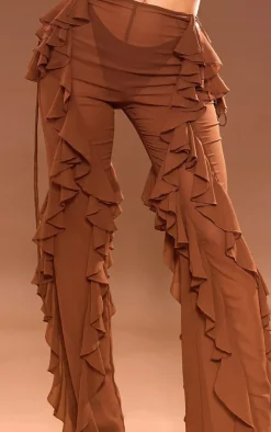 Outlet PrettyLittleThing Sheer Chiffon Tiered Ruffle Flared Pants Brown