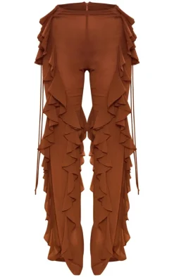 Outlet PrettyLittleThing Sheer Chiffon Tiered Ruffle Flared Pants Brown
