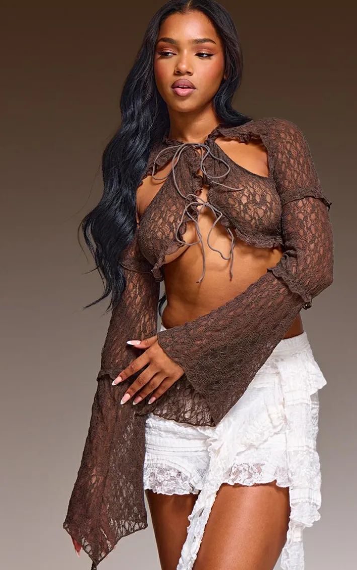 Brown Sheer Lace Frill Detail Crop Top