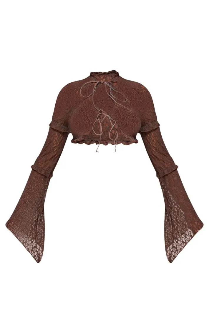 Brown Sheer Lace Frill Detail Crop Top