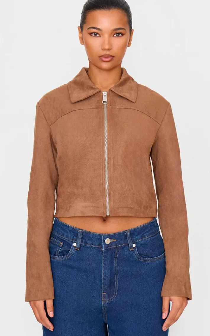Brown Shoulder Pad Detail Faux Suede Jacket
