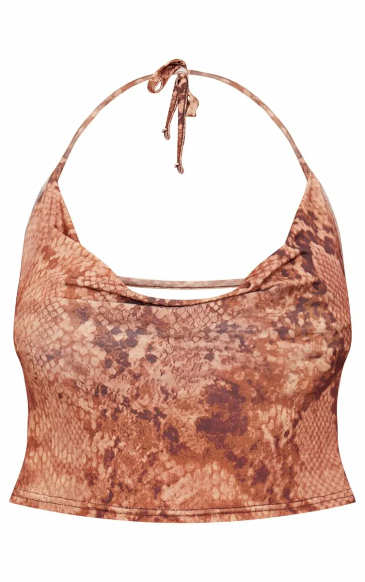 Slinky Snake Skin Cowl Open Back Halterneck Top-PrettyLittleThing Best