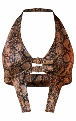 Discount PrettyLittleThing Snake Print Faux Leather Belt Detail Sleeveless Vest Brown