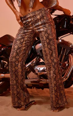 Best PrettyLittleThing Snake Print Faux Leather Belt Detail Pants Brown