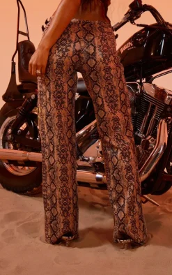 Best PrettyLittleThing Snake Print Faux Leather Belt Detail Pants Brown