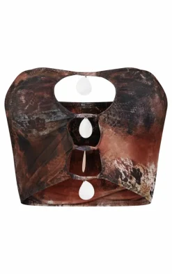 Brown Snake Print Mesh Beach Top