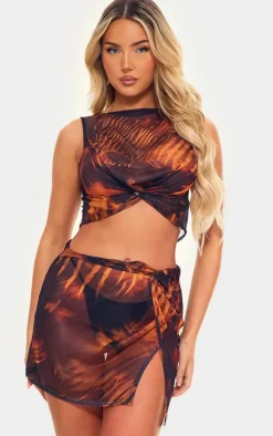 Sale PrettyLittleThing Snake Print Mesh Knot Front Racer Crop Top Brown