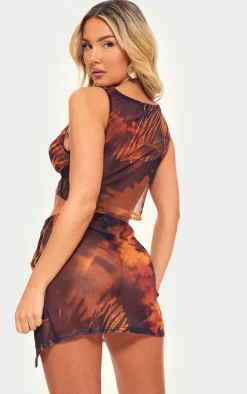 Sale PrettyLittleThing Snake Print Mesh Knot Front Racer Crop Top Brown