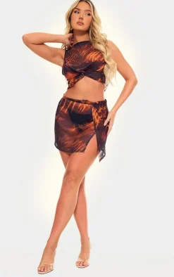 Sale PrettyLittleThing Snake Print Mesh Knot Front Racer Crop Top Brown