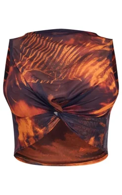 Sale PrettyLittleThing Snake Print Mesh Knot Front Racer Crop Top Brown