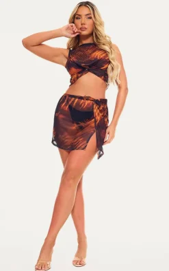 PrettyLittleThing Snake Print Mesh Knot Detail Micro Mini Skirt Brown