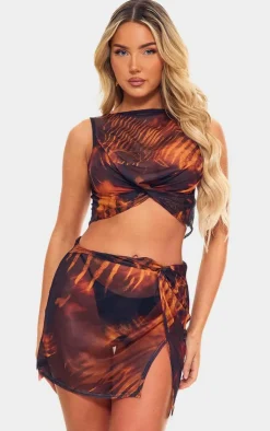 PrettyLittleThing Snake Print Mesh Knot Detail Micro Mini Skirt Brown