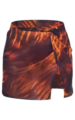 PrettyLittleThing Snake Print Mesh Knot Detail Micro Mini Skirt Brown