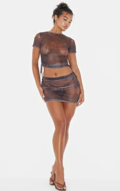 PrettyLittleThing Snake Print Mesh Micro Mini Skirt Brown