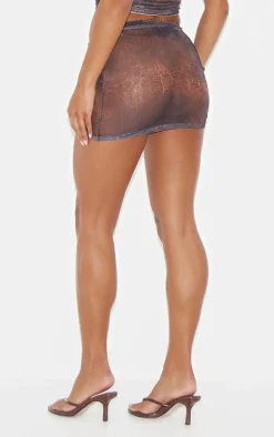 PrettyLittleThing Snake Print Mesh Micro Mini Skirt Brown