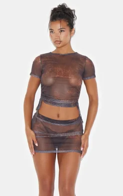 PrettyLittleThing Snake Print Mesh Micro Mini Skirt Brown