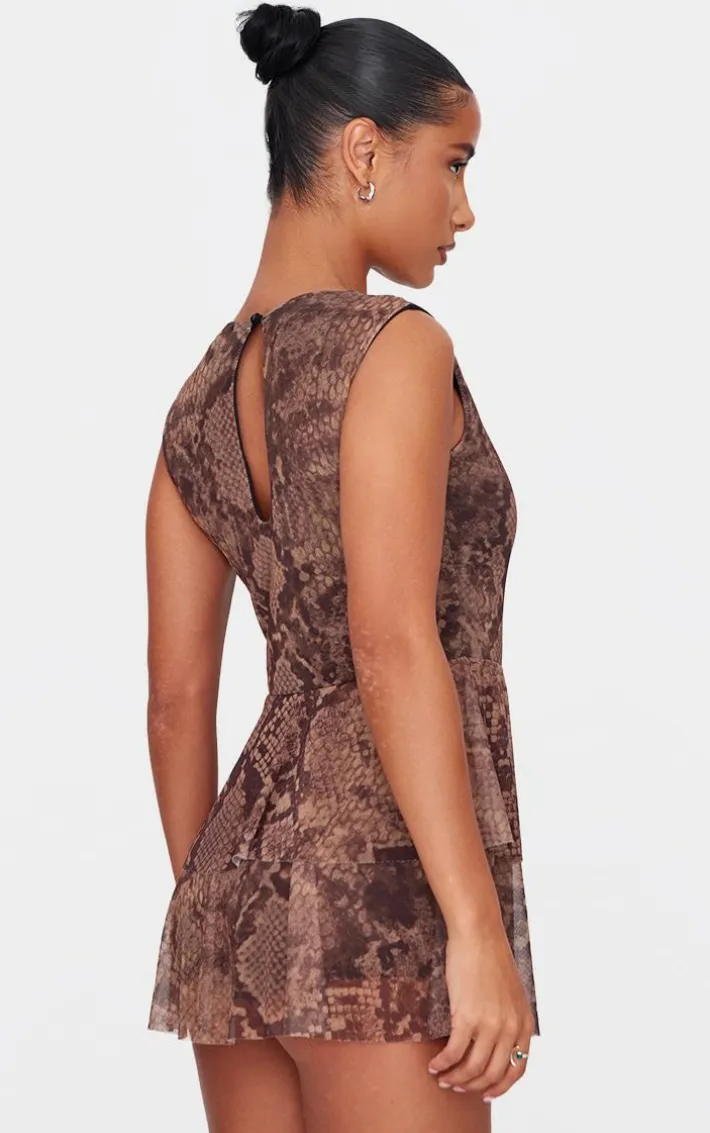 Brown Snake Print Mesh Rara Skort Romper