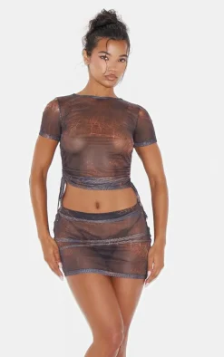 Best PrettyLittleThing Snake Print Mesh Short Sleeve Ruched Side Crop Top Brown