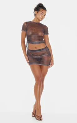 Best PrettyLittleThing Snake Print Mesh Short Sleeve Ruched Side Crop Top Brown