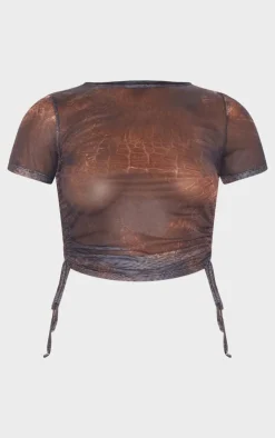 Best PrettyLittleThing Snake Print Mesh Short Sleeve Ruched Side Crop Top Brown