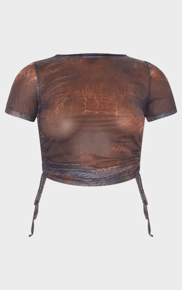 Best PrettyLittleThing Snake Print Mesh Short Sleeve Ruched Side Crop Top Brown