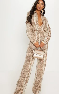 Online PrettyLittleThing Snake Print Wide Leg Pants Brown