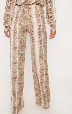Online PrettyLittleThing Snake Print Wide Leg Pants Brown