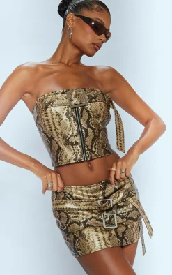 Best PrettyLittleThing Snakeskin Faux Leather Buckle Detail Bandeau Corset Brown