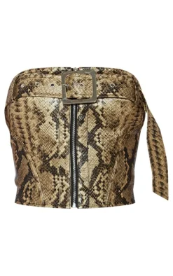 Best PrettyLittleThing Snakeskin Faux Leather Buckle Detail Bandeau Corset Brown