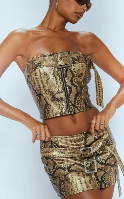 New PrettyLittleThing Snakeskin Faux Leather Buckle Detail Extreme Micro Mini Skirt Brown
