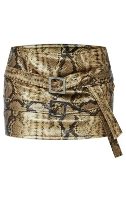 New PrettyLittleThing Snakeskin Faux Leather Buckle Detail Extreme Micro Mini Skirt Brown
