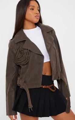 PrettyLittleThing Faux Leather Jackets*Soft Faux Leather Flower Detail Crop Jacket