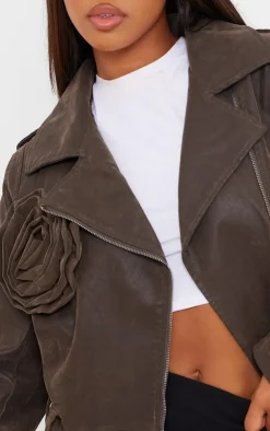 PrettyLittleThing Faux Leather Jackets*Soft Faux Leather Flower Detail Crop Jacket
