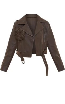 PrettyLittleThing Faux Leather Jackets*Soft Faux Leather Flower Detail Crop Jacket