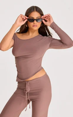 Clearance PrettyLittleThing Soft Touch Boat Neck Long Top Brown