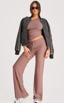 Clearance PrettyLittleThing Soft Touch Boat Neck Long Top Brown