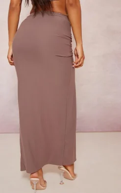 Discount PrettyLittleThing Soft Touch Ruched Knot Detail Split Leg Midaxi Skirt Brown