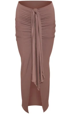 Discount PrettyLittleThing Soft Touch Ruched Knot Detail Split Leg Midaxi Skirt Brown