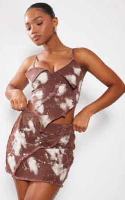 Discount PrettyLittleThing Splatter Fray Denim Mini Skirt Brown