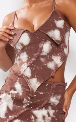 Discount PrettyLittleThing Splatter Fray Denim Mini Skirt Brown